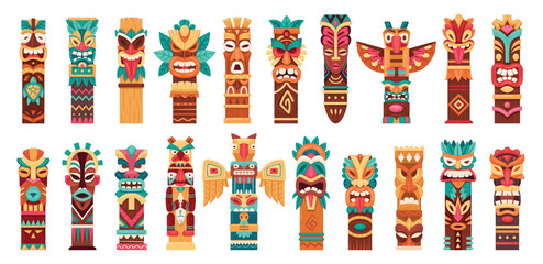Ethnic tiki totems. Cartoon ritual hawaiian and african wooden statues, traditional carving sculptures, aboriginal culture indigenous pole totem flat vector illustration set. Native tiki figures - obrazy, fototapety, plakaty