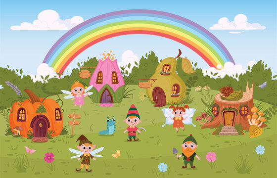 Cartoon fairy tale meadow. Fantasy world landscape with cute houses and characters, fairy and gnome little cabins flat vector illustration. Magical world panorama