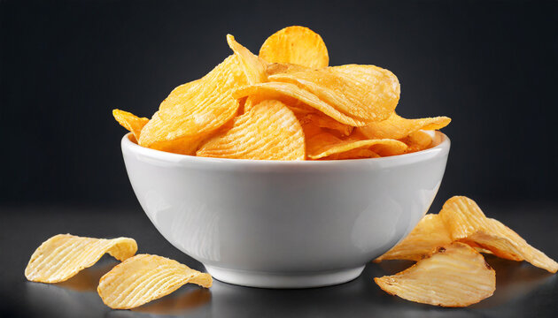 potato chips in white bowl isolated
