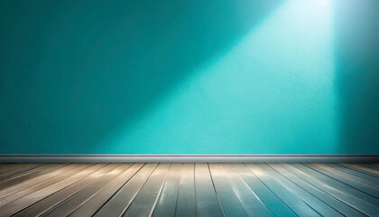 blue turquoise empty wall and wooden floor with interesting with glare from the window interior background for the presentation