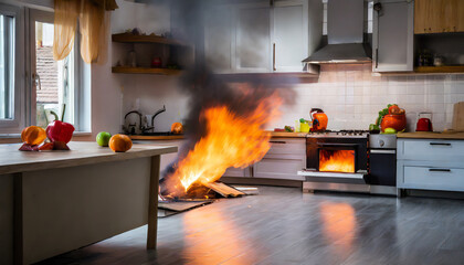 sudden accident in the kitchen leads to a fire outbreak causing chaos and urgency quick thinking and action are essential to prevent further escalation