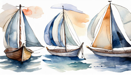 set a collection of watercolor drawing of a boat with a sail