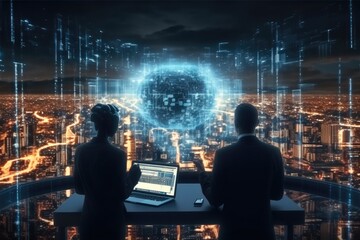 Business people working and discuss with AI global network futuristic.