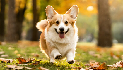 Naklejka na ściany i meble cute welsh corgi pembroke running outdoor in autumn park happy smiling dog banner with funny pet