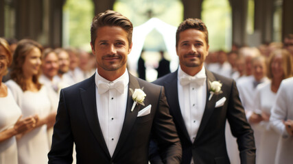 A gay male wedding couple walking down the aisle, Wedding day.