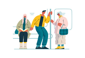 Mutual Support Giving up seat in public transport -modern flat vector concept illustration of man offering his seat to elderly woman on bus A metaphor of voluntary, collaborative exchanges of services © grivina