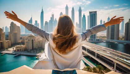 from behind you can see the traveler girl arms spread wide as she take in the incredible view of...