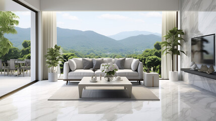Modern style luxury white living room with glass chandelier overlooking nature view. Generative Ai