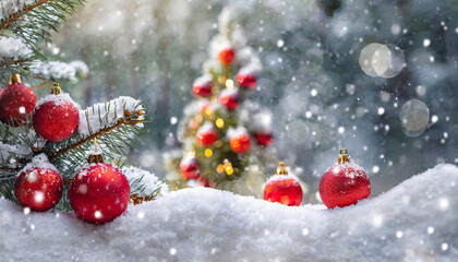 Fototapeta na wymiar beautiful festive christmas snowy background christmas tree decorated with red balls and knitted toys in forest in snowdrifts in snowfall outdoors banner format copy space