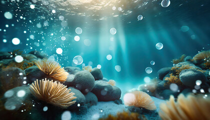 Obraz na płótnie Canvas underwater world background with lightleaks bubbles and bokeh