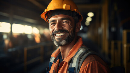 Arab worker with a grin in a bridge on the top of at oil rig platform offshore.