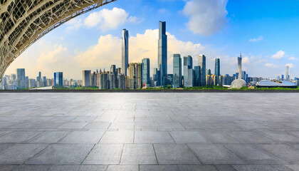 empty square floor and city skyline with modern buildings in guangzhou guangdong province china...