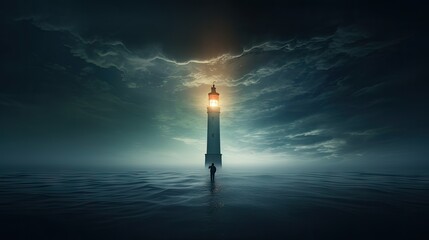  a lighthouse in the middle of a body of water with a bright light at the end of the light at the end of the pier.  generative ai