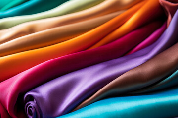 background of multicolored silk drapery fabric close-up