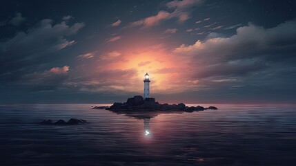  a lighthouse sitting on top of a small island in the middle of a body of water under a cloudy sky.  generative ai