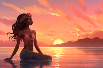 Tranquil Dawn Yoga: Black Woman in Warrior Pose on Serene Beach