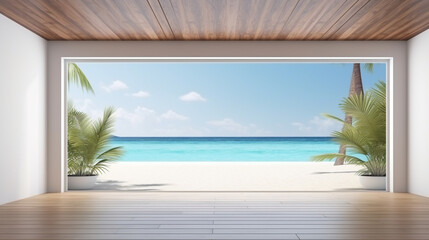 Sea view large living room summer beach house with swimming pool. Generative Ai