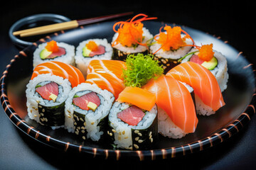 Sushi set on black background.