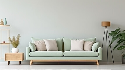 Fototapeta na wymiar Stylish interior design of living room with modern mint sofa. Generative Ai