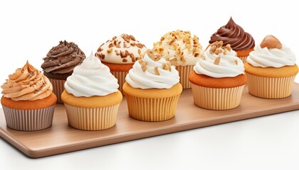 Freshly baked cupcakes with cream cheese frosting and cinnamon sprinkle on white table