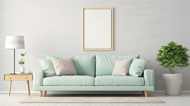 Stylish interior design of living room with modern mint sofa. Generative Ai