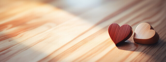 Zwei hölzerne Herzen auf einer Holzoberfläche strahlen im warmen Licht. Sie symbolisieren Liebe und Zuneigung, perfekt für den Valentinstag. - obrazy, fototapety, plakaty