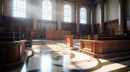 Empty courtroom with view of the jury - obrazy, fototapety, plakaty
