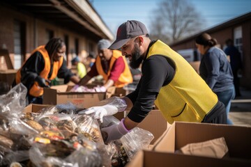 Volunteers engaging in neighborhood clean-up or helping at a food bank.