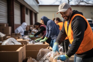Volunteers engaging in neighborhood clean-up or helping at a food bank. - obrazy, fototapety, plakaty