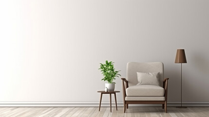 Modern minimalist interior with an armchair on empty white color wall background. Generative Ai