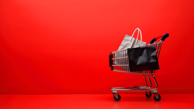 Shopping cart with paper bags on red background. Copy space. - Powered by Adobe