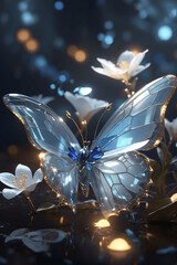 Frosty Whispers: A Winter Glass Butterfly Shimmering in Iridescent Light Blue
