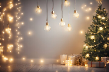 Fototapeta na wymiar Festive garland with lots of shining light bulb. Creative greeting banner. Christmas winter holiday composition. Generative AI.