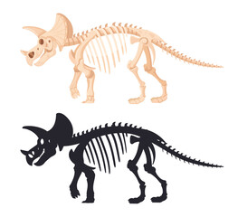Fototapeta na wymiar Cartoon triceratops dino skeleton. Dinosaur fossil bones silhouette. Ancient jurassic raptor bones flat vector illustration. Archaeological fossil skeleton