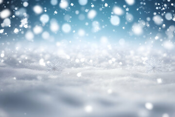 Fototapeta premium Christmas winter background with snow, snowflakes and bokeh lights. Creative greeting banner. Christmas winter holiday composition. Generative AI.