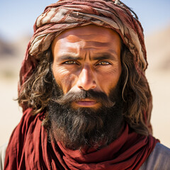Portrait of a desert man with turban and beard looking seriously at camera - obrazy, fototapety, plakaty