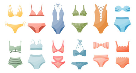 Set of women's bikini swimwear, swimsuits on a white background. Women's clothing icons, vector