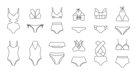 Set of line drawings of women's bikini swimwear on a white background. Women's clothing icons, sketch, vector - obrazy, fototapety, plakaty