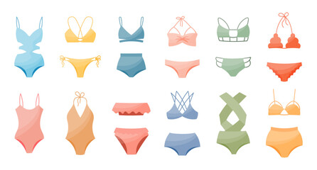 Set of women's bikini swimwear, swimsuits on a white background. Women's clothing icons, vector - obrazy, fototapety, plakaty