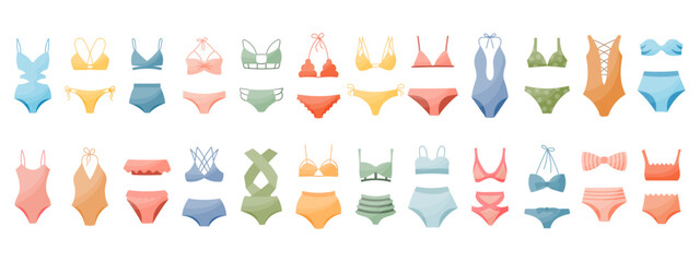 Set of women's bikini swimwear, swimsuits on a white background. Women's clothing icons, vector