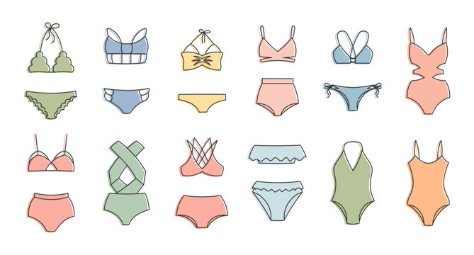 Set of line drawings of women's bikini swimwear on a white background. Women's clothing icons, sketch, vector
