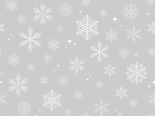 Winter Snow seamless Pattern. White different Snowflakes on a gray Background. Christmas Holiday abstract ornament