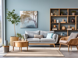 A modern living room scene with couch and a plant.