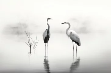 Foto op Plexiglas A pair of white heron standing in a foggy water. © PixelGallery