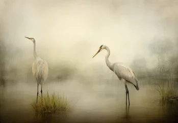 Foto op Plexiglas A pair of white heron standing in a foggy water. © PixelGallery