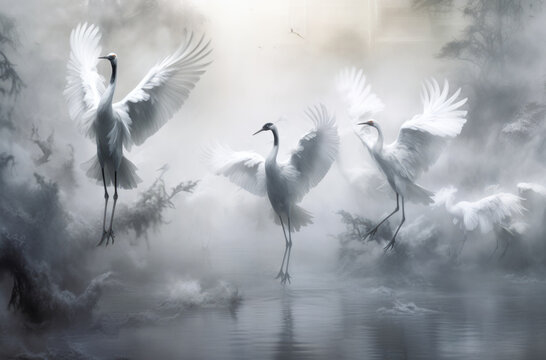 A group of white birds in the water with fog surrounding.