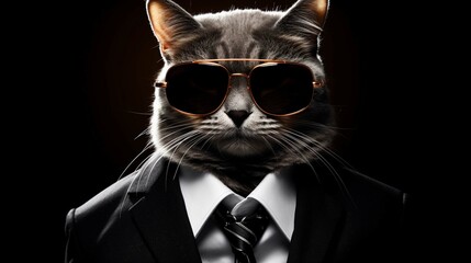 A cat wearing sunglasses and a suit with a tie. generative ai