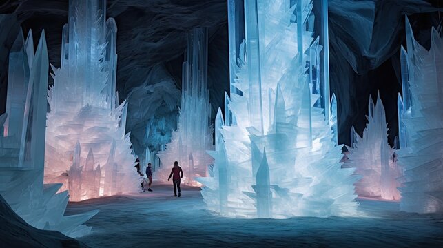  a group of people standing inside of a cave filled with ice and snow floese covered in blue and white icicles.  generative ai