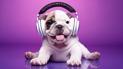 Happy puppy in headphones on a purple background. generative ai - obrazy, fototapety, plakaty
