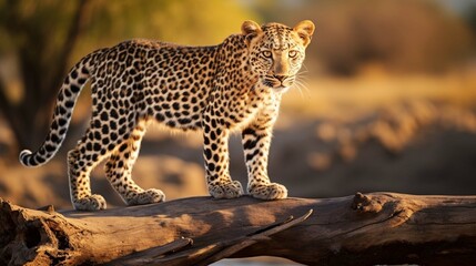 Leopard (Panthera pardus) standing on a log. generative ai